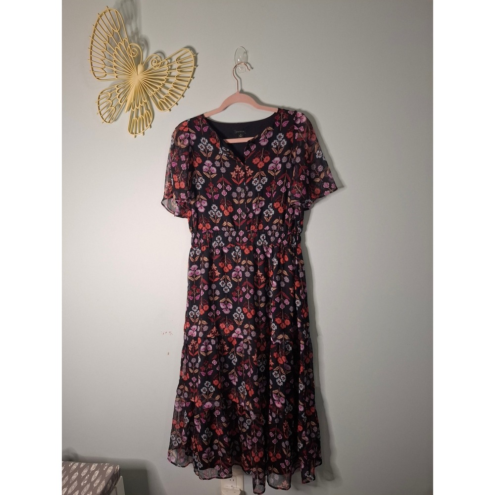 Ann Taylor Floral Tiered Midi Dress Navy Pink Orange Flutter Sleeve Size M